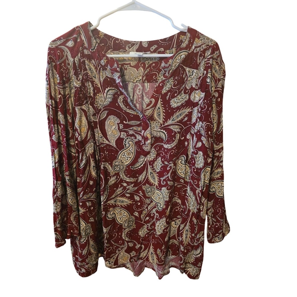 Monday Fun Long Sleeve Top 2x Womens Plus Size Multicolor Geometric Cottage Core
